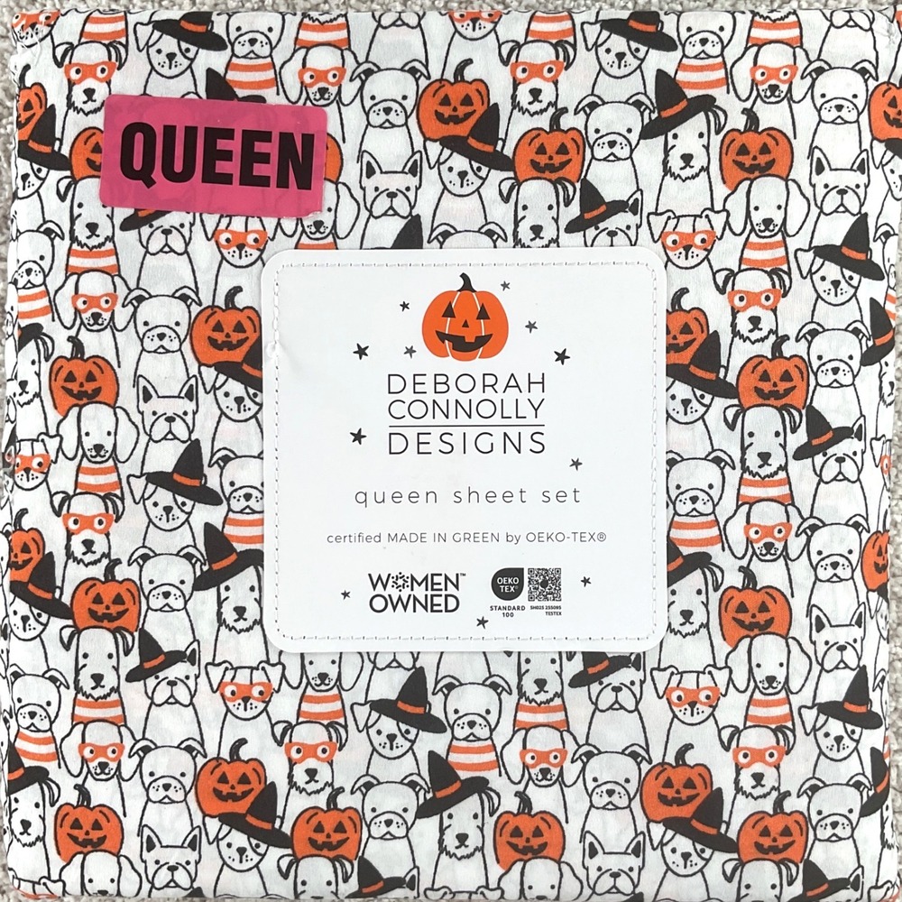Deborah Connolly Designs Halloween Dog Pumpkin Queen Sheet Set 4pc Microfiber